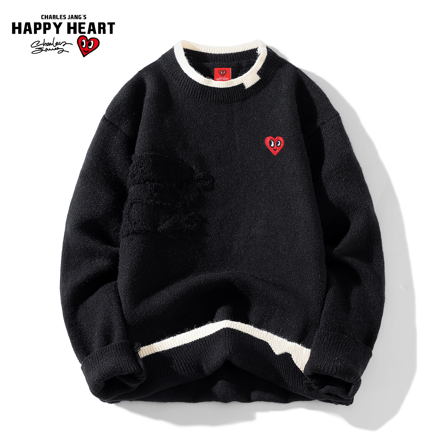 查尔斯桃心美式假两件圆领毛衣男冬季撞色拼接爱心刺绣针织衫上衣,淘宝优惠券,粉丝福利购,淘宝优惠卷