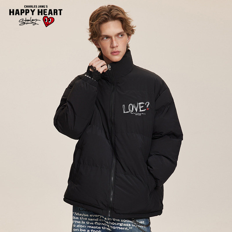 查尔斯桃心 秋冬新款字母印花加厚保暖御寒立领羽绒服男女同款