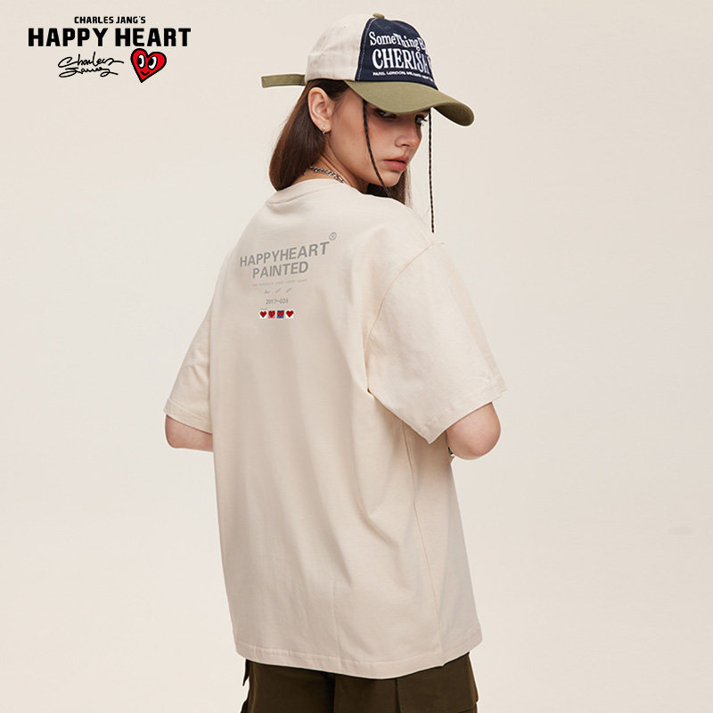 查尔斯桃心 2025年美式潮牌青少年休闲圆领短袖t恤男纯棉情侣同款