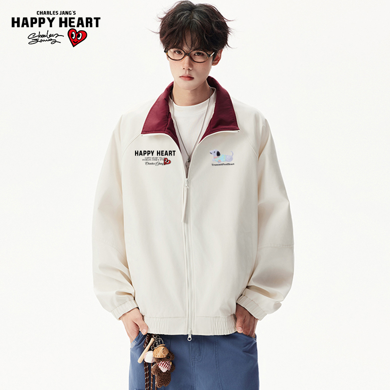 查尔斯桃心 撞色立领夹克男女春秋季字母腊肠狗印花休闲情侣外套 - 图0