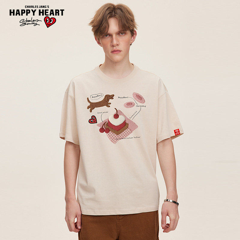 查尔斯桃心 小狗蛋糕仿毛巾绣印花短袖t恤男夏季新款纯棉圆领情侣