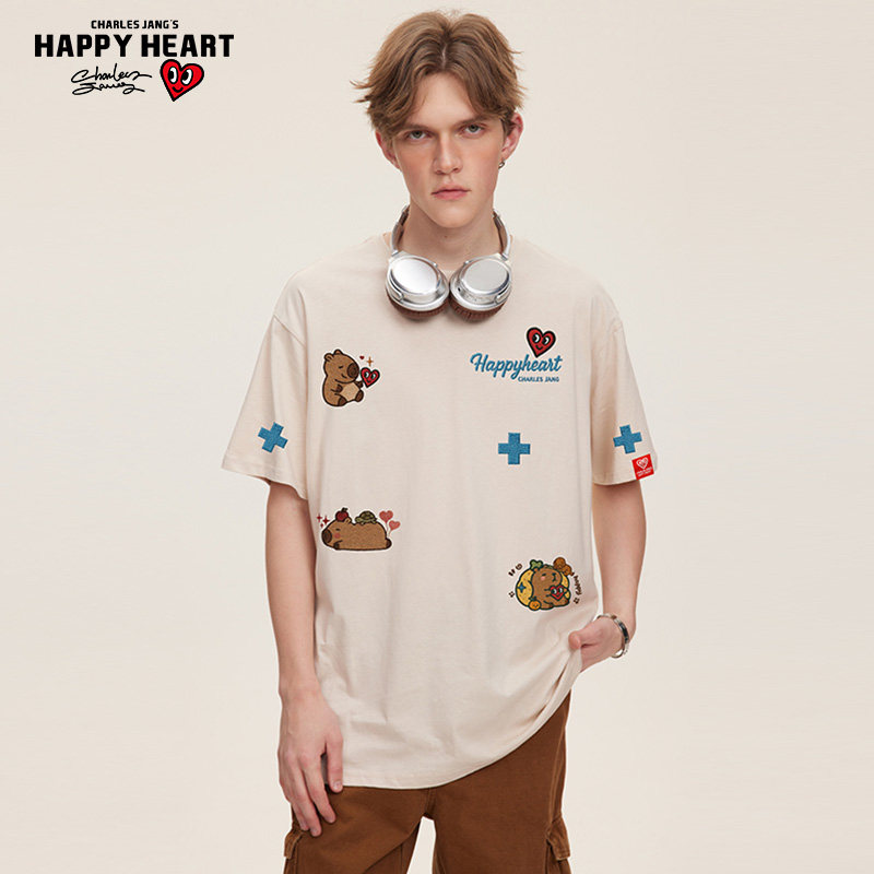 查尔斯桃心 美式街头卡皮巴拉重工印花圆领休闲纯棉短袖t恤男情侣