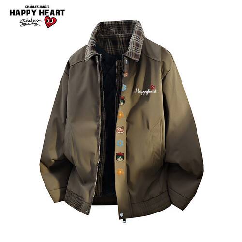 查尔斯桃心小猫印花假两件棉服男女冬季新款宽松休闲百搭加厚外套 - 图0