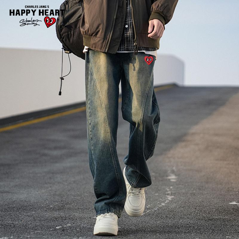 查尔斯桃心 美式牛仔裤2025新款弯刀宽松潮流复古拼接直筒长裤子