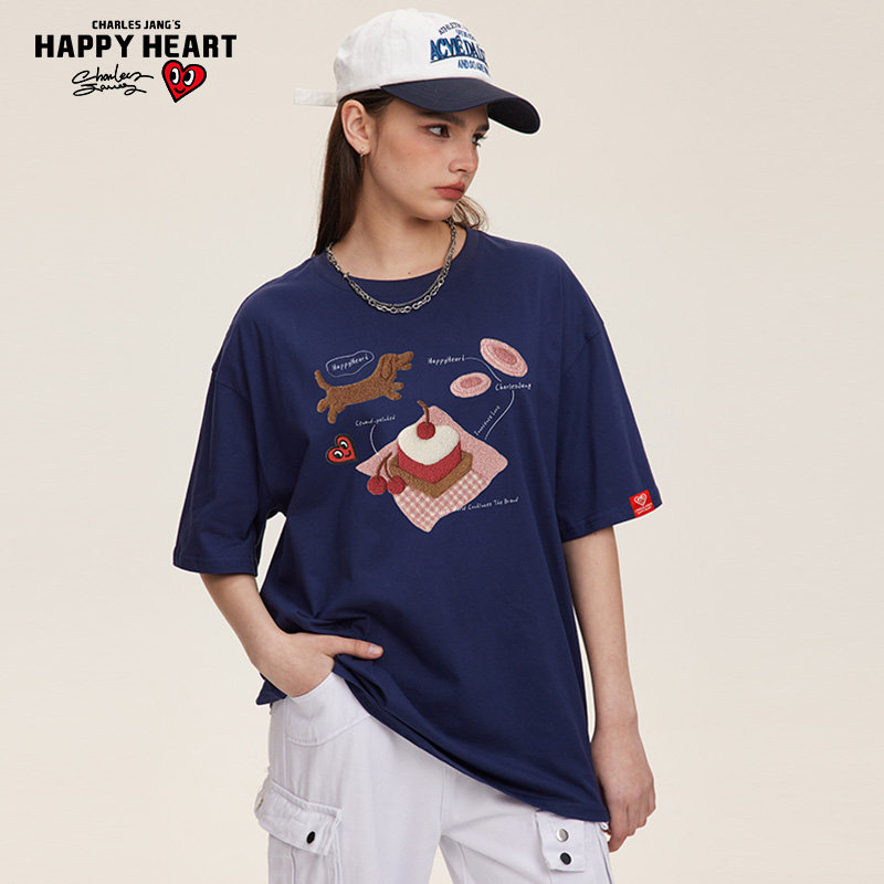 查尔斯桃心 小狗蛋糕仿毛巾绣印花短袖t恤男夏季新款纯棉圆领情侣