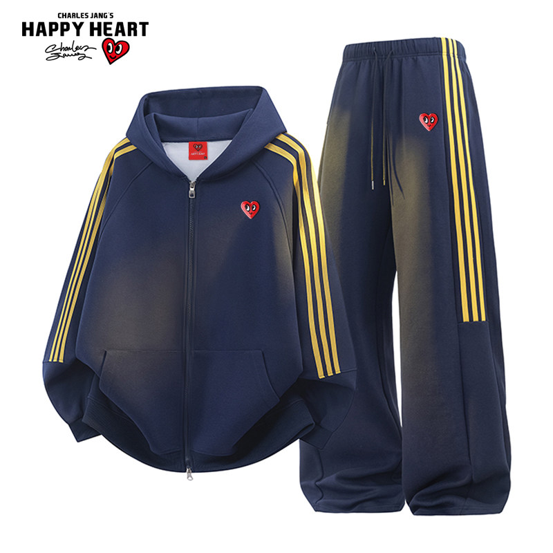 Charles Peach Heart Striped Sports Set Men and Women Spring and Autumn Long Sleeve Cardigan Sweater Straight Trousers Two-piece Set