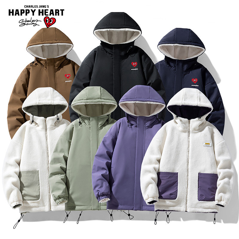 查尔斯桃心 两面穿羊羔绒棉服男士冬季2025新款加厚保暖连帽外套,淘宝优惠券,粉丝福利购,淘宝优惠卷