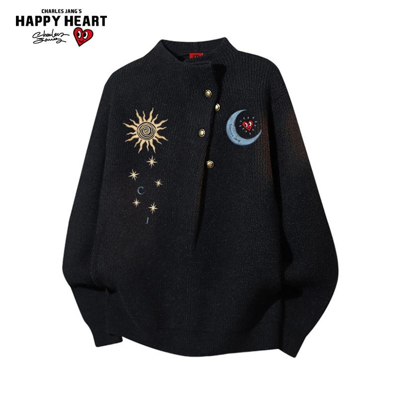 查尔斯桃心半高领印花毛衣男士冬季2025新款保暖休闲针织衫上衣女 - 图0