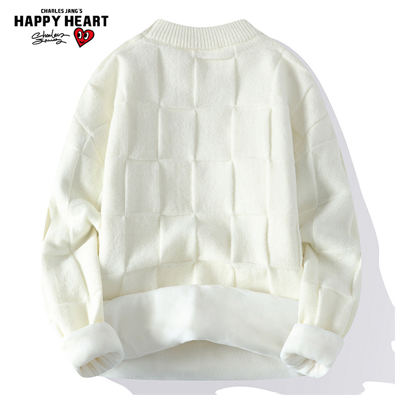 查尔斯桃心 棋盘格圆领毛衣男2025秋冬季慵懒复古软糯红色针织衫