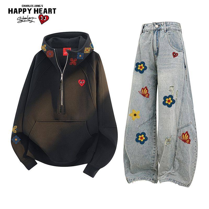 查尔斯桃心美式连帽卫衣休闲套装男士秋冬季外套情侣宽松牛仔裤潮,淘宝优惠券,粉丝福利购,淘宝优惠卷