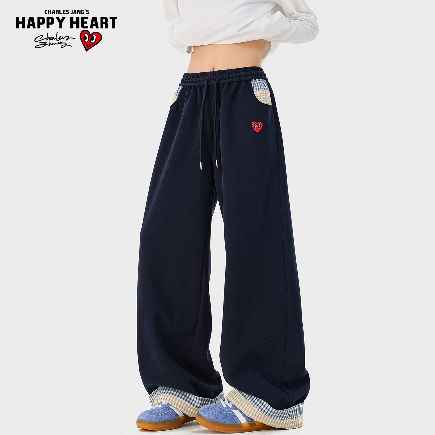 查尔斯桃心美式复古格纹拼接卷边休闲裤男女春季宽松垂感阔腿卫裤,淘宝优惠券,粉丝福利购,淘宝优惠卷
