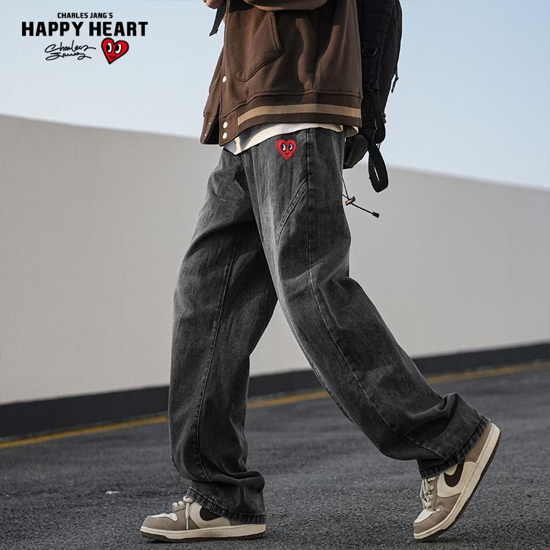 查尔斯桃心 美式牛仔裤2025新款弯刀宽松潮流复古拼接直筒长裤子