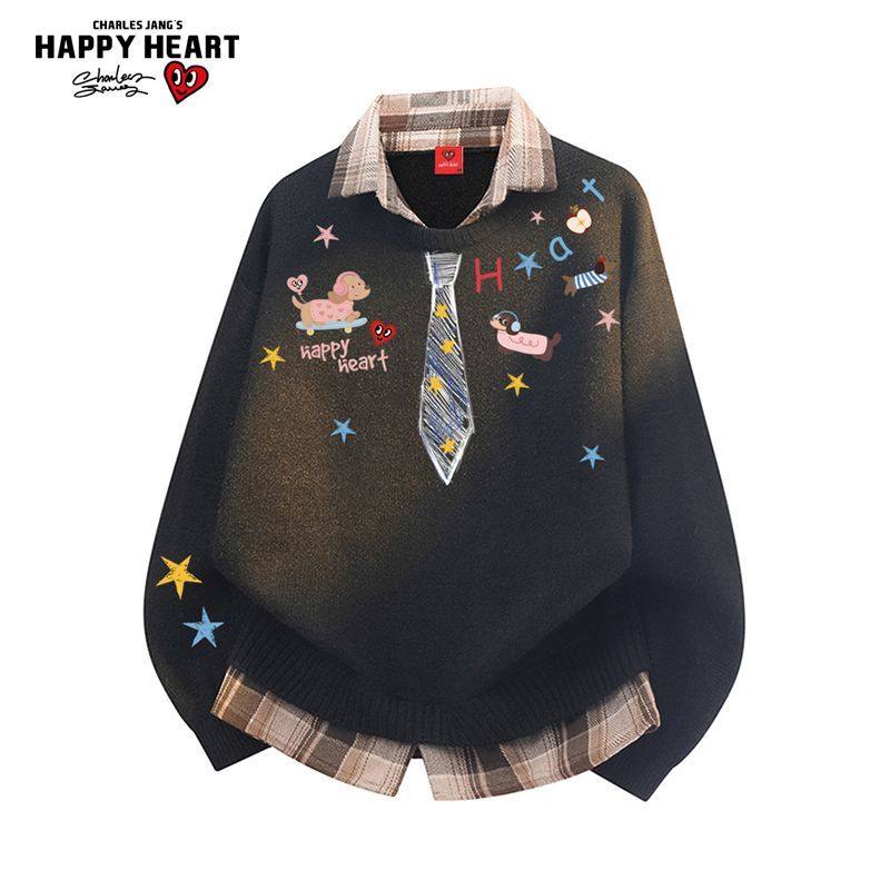 查尔斯桃心卡通涂鸦假两件衬衫领毛衣男女冬季新款保暖长袖针织衫,淘宝优惠券,粉丝福利购,淘宝优惠卷