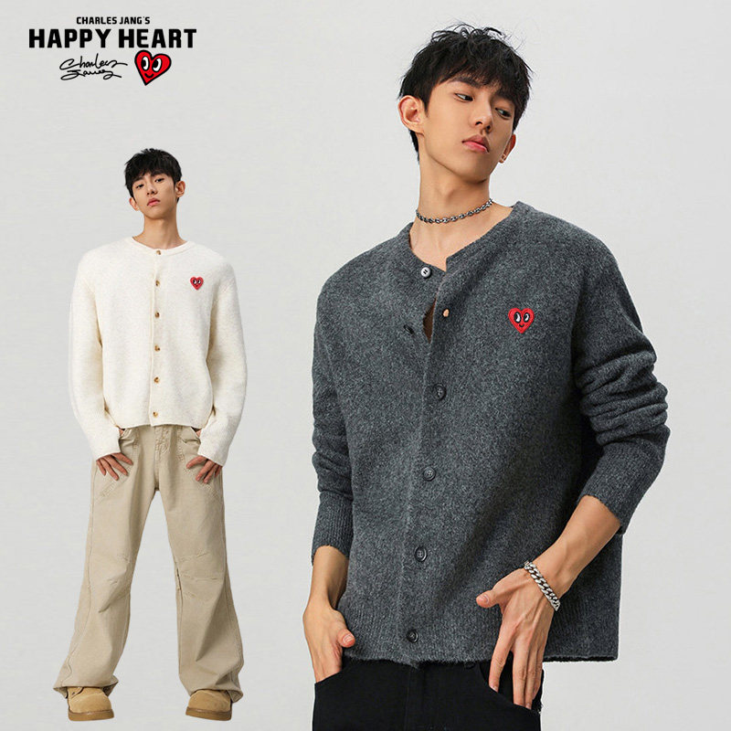 查尔斯桃心纯色cleanfit开衫毛衣男圆领秋冬季新款情侣针织衫外套,淘宝优惠券,粉丝福利购,淘宝优惠卷