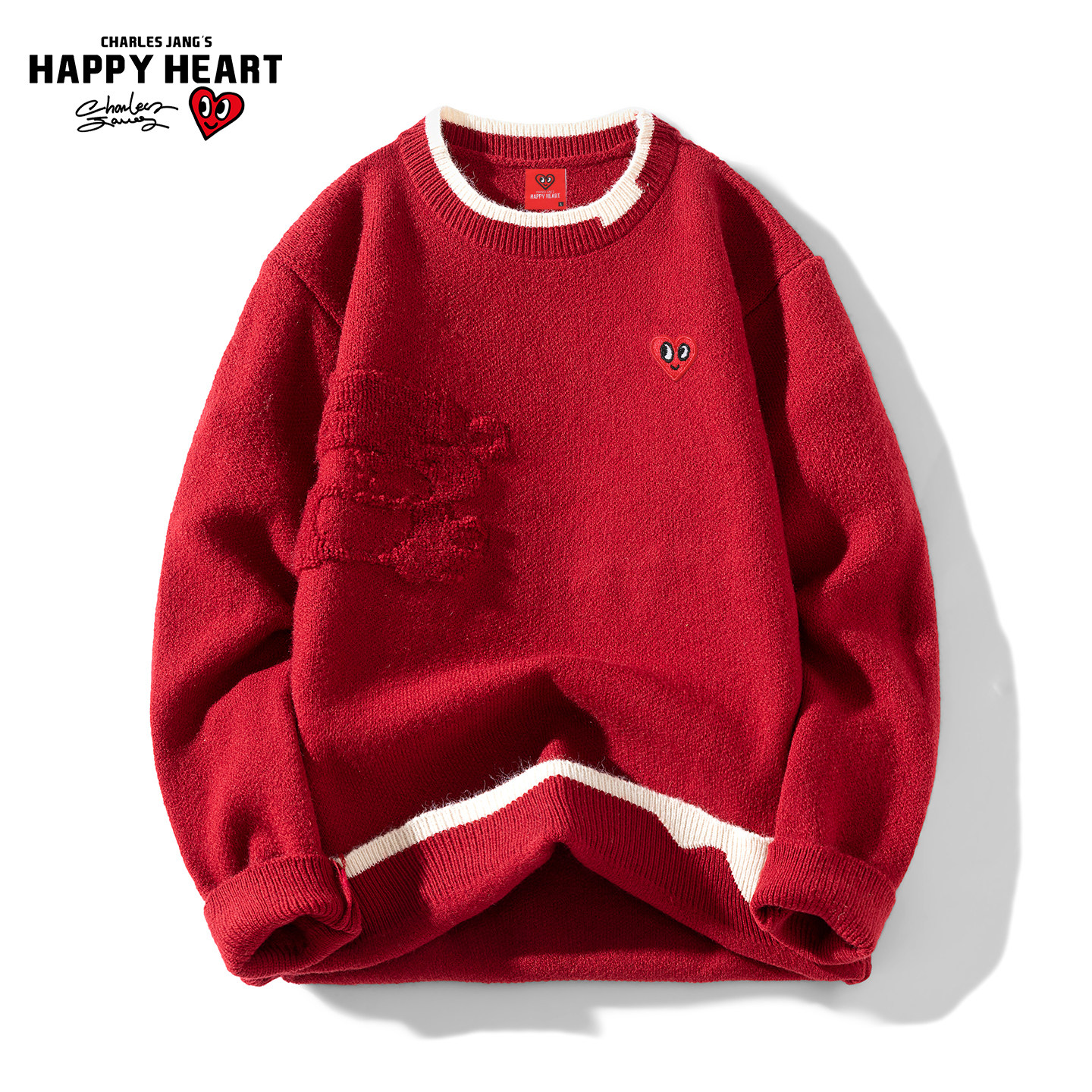 查尔斯桃心美式假两件圆领毛衣男冬季撞色拼接爱心刺绣针织衫上衣,淘宝优惠券,粉丝福利购,淘宝优惠卷