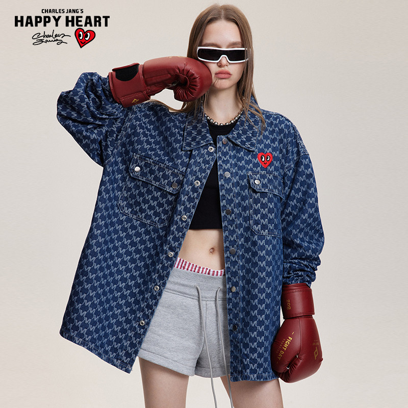 查尔斯桃心 美式复古满印提花纹夹克男嘻哈高街设计情侣牛仔外套,淘宝优惠券,粉丝福利购,淘宝优惠卷