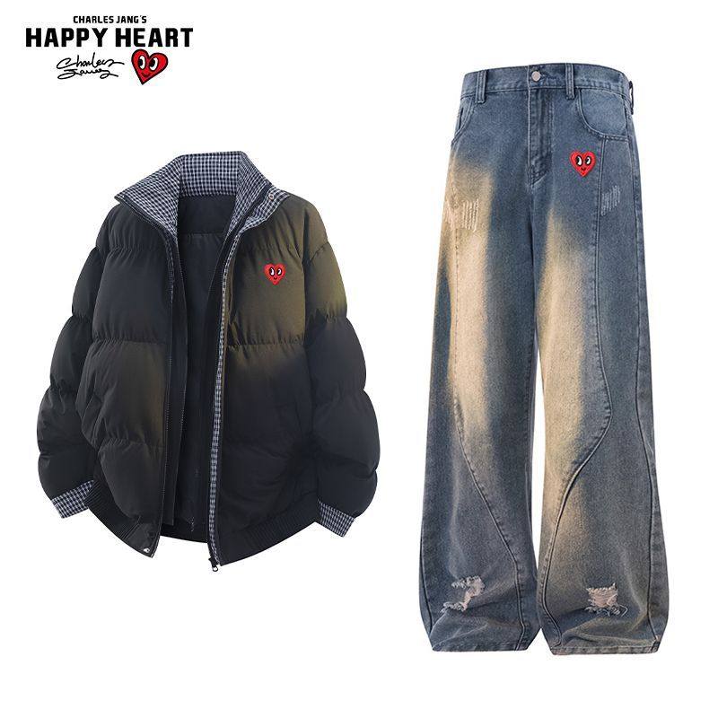 查尔斯桃心休闲套装男女冬季格子假两件立领棉衣宽松牛仔裤两件套,淘宝优惠券,粉丝福利购,淘宝优惠卷