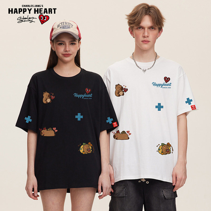 查尔斯桃心 美式街头卡皮巴拉重工印花圆领休闲纯棉短袖t恤男情侣