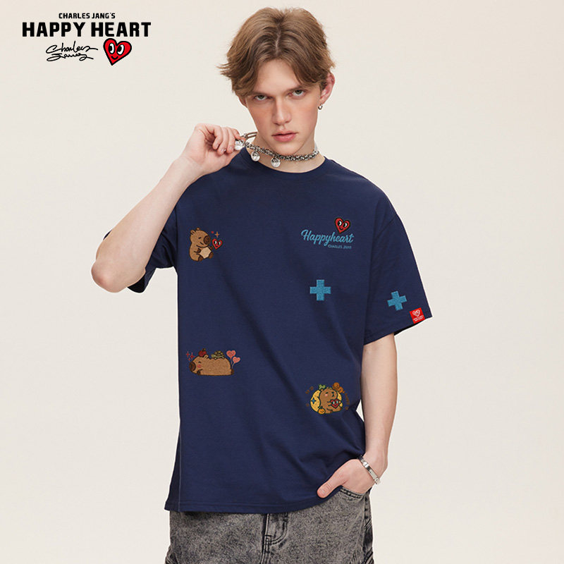 查尔斯桃心 美式街头卡皮巴拉重工印花圆领休闲纯棉短袖t恤男情侣