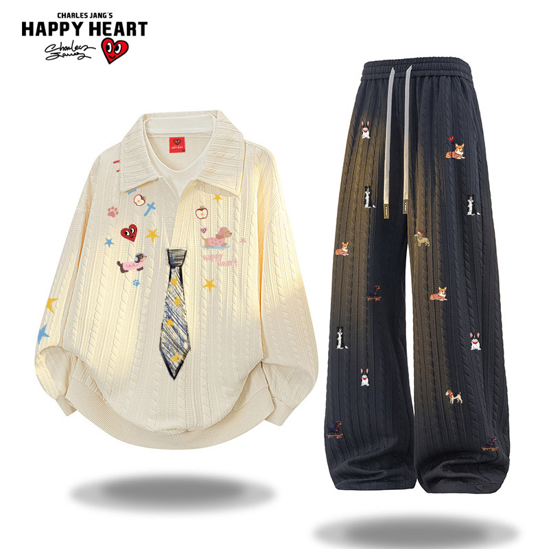 查尔斯桃心学院风假两件卫衣套装男女秋冬季新款宽松直筒长裤子潮,淘宝优惠券,粉丝福利购,淘宝优惠卷