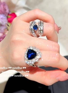 斯里兰卡蓝花朵宝石戒指 古董感 镀18K金 海蓝繁花大克拉锆石项链