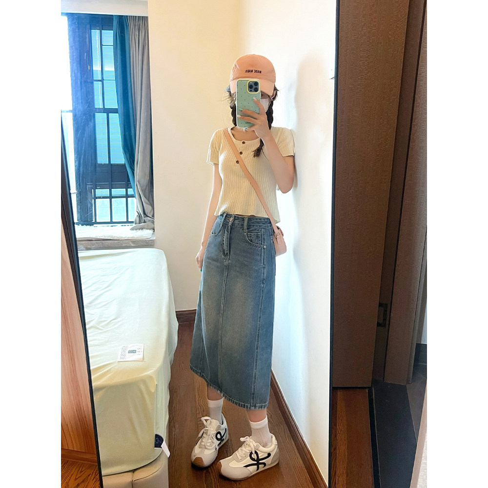 王家有鱼小个子春夏季新款中长裙显瘦薄款复古A字牛仔半身裙女款