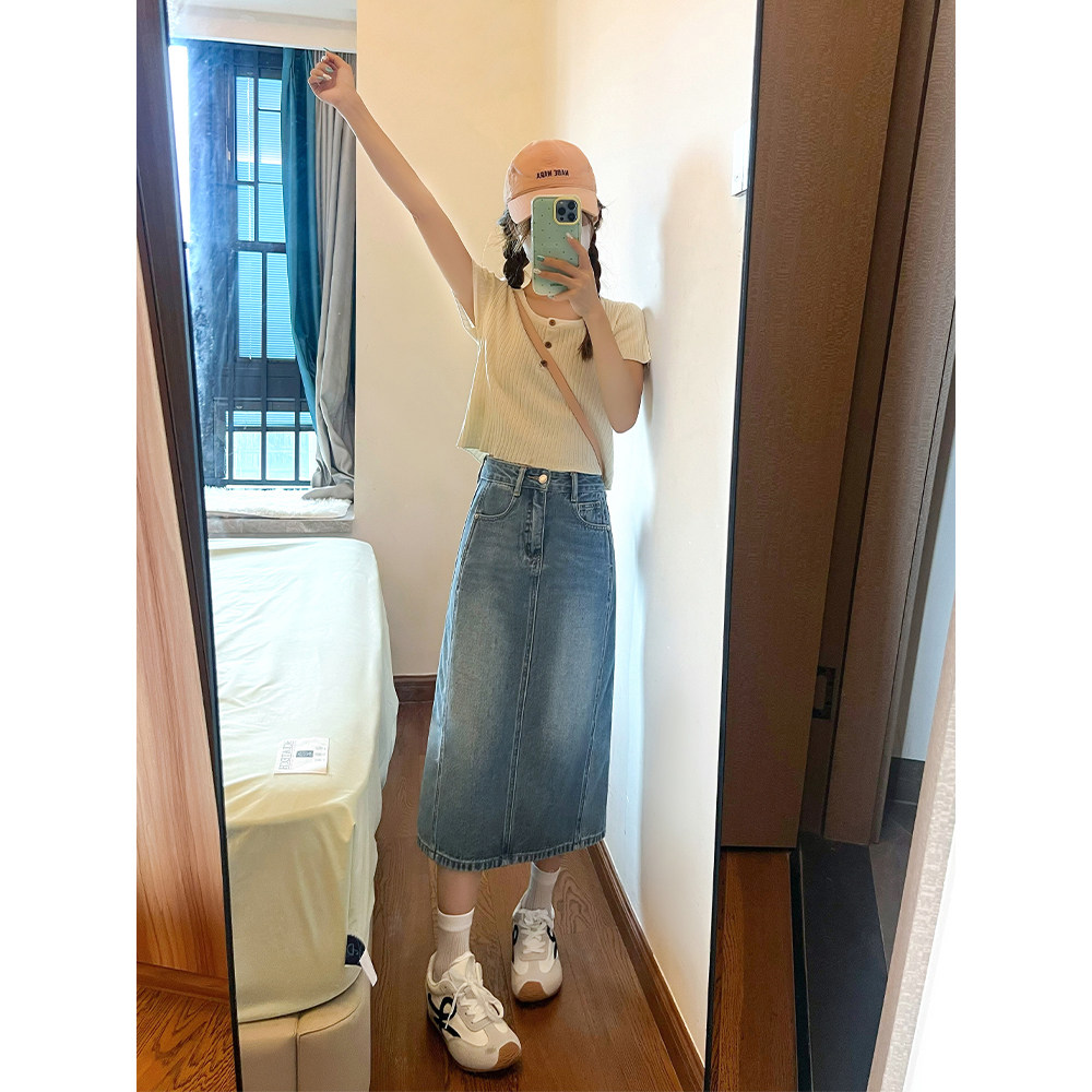 王家有鱼小个子春夏季新款中长裙显瘦薄款复古A字牛仔半身裙女款