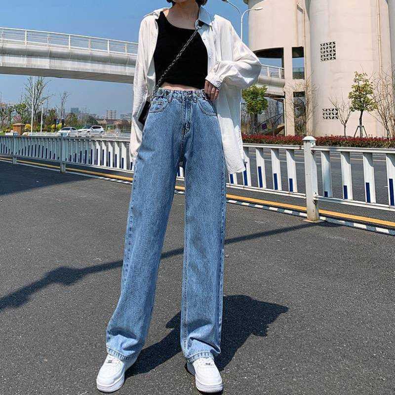 浅蓝色高腰阔腿裤牛仔裤女夏季薄款2021年宽松垂感拖地直筒裤大码