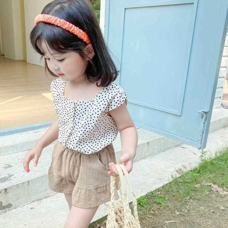 女童新款夏装可爱女宝宝两件套小童夏季时尚点点吊带衫 短裤套装