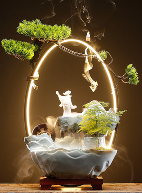 新中式招财流水假山喷泉陶瓷摆件创意风水车发光家居客厅桌面