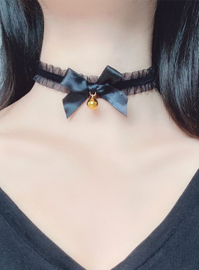 白色蕾丝双层项圈蝴蝶结铃铛