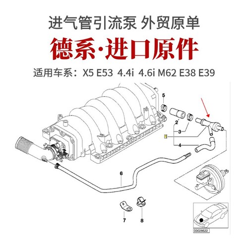 适用于宝马X5 E53 E38E39 M62刹车真空管 单向阀 进气管引流泵 - 图0