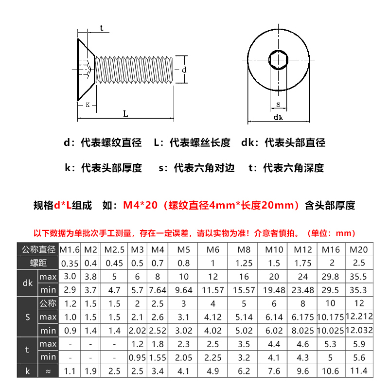 12.9级高强度沉头内六角螺丝平头螺栓平杯螺丝钉M3M4M5M6M8M10M20