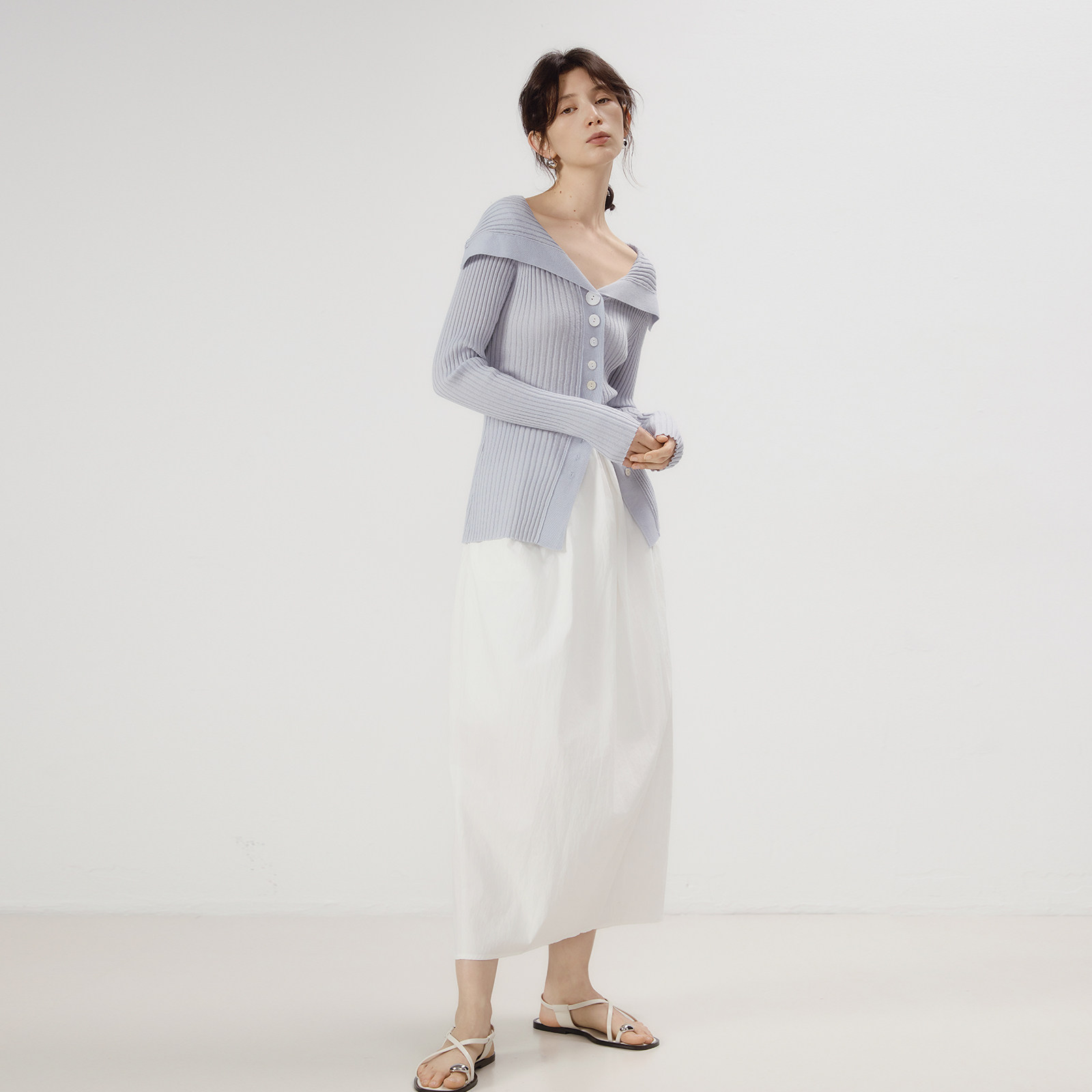 【明星同款】wana try绵羊毛翻领薄款针织衫显瘦慵懒新款打底衫女 - 图1