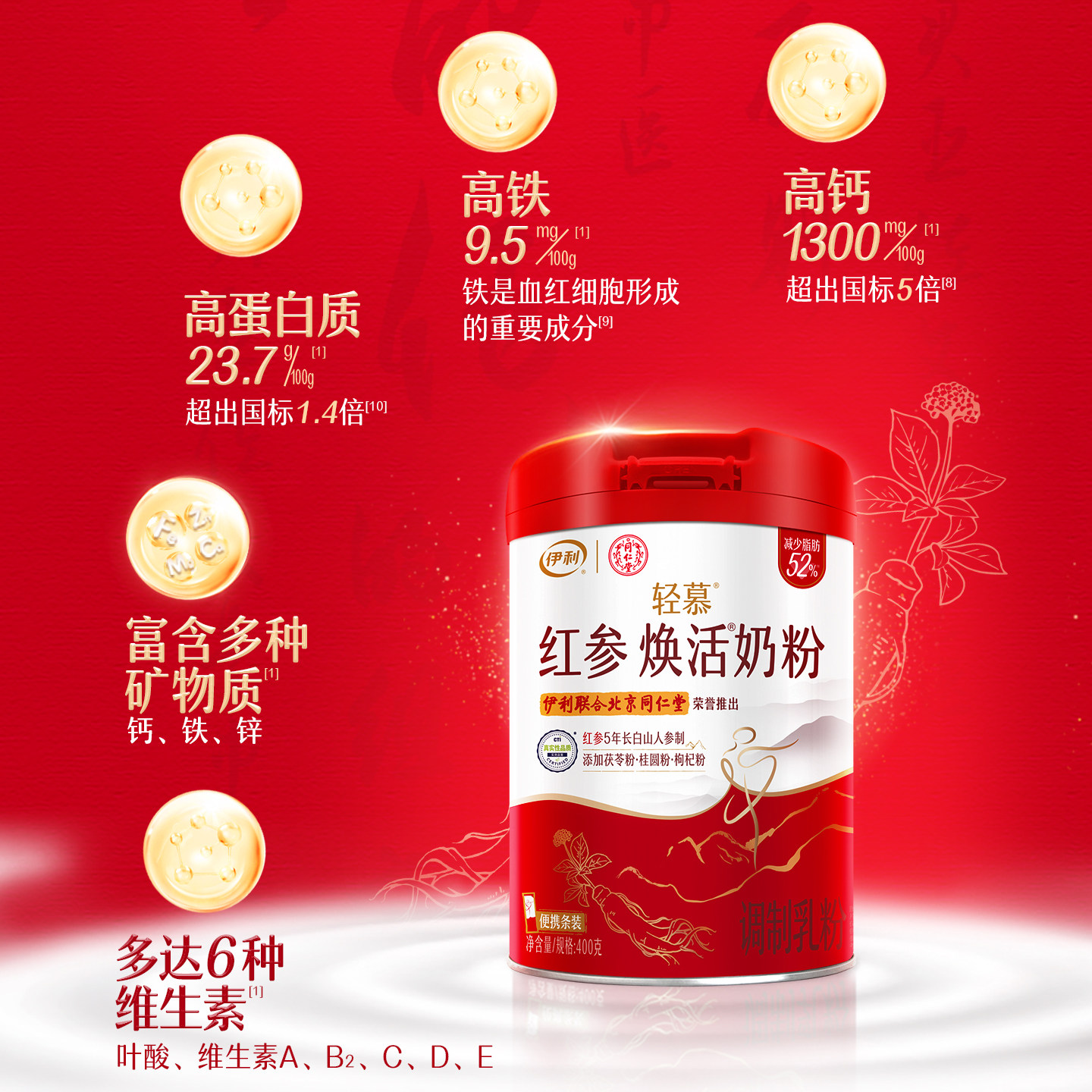 伊利轻慕红参焕活奶粉高铁高钙高蛋白成人女士牛奶礼盒官方旗舰店