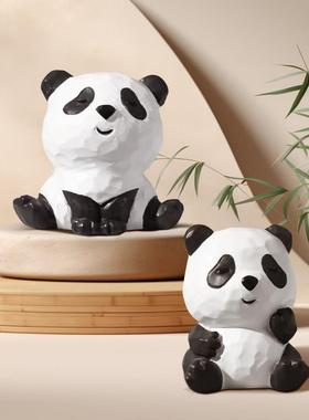 国风卡通可爱木刻熊猫摆件 车载桌面家居装饰品树脂小摆件工艺品