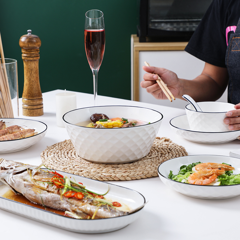 欧式碗碟套装家用网红创意陶瓷餐具简约黑线钻石纹碗盘碗筷组合-图0