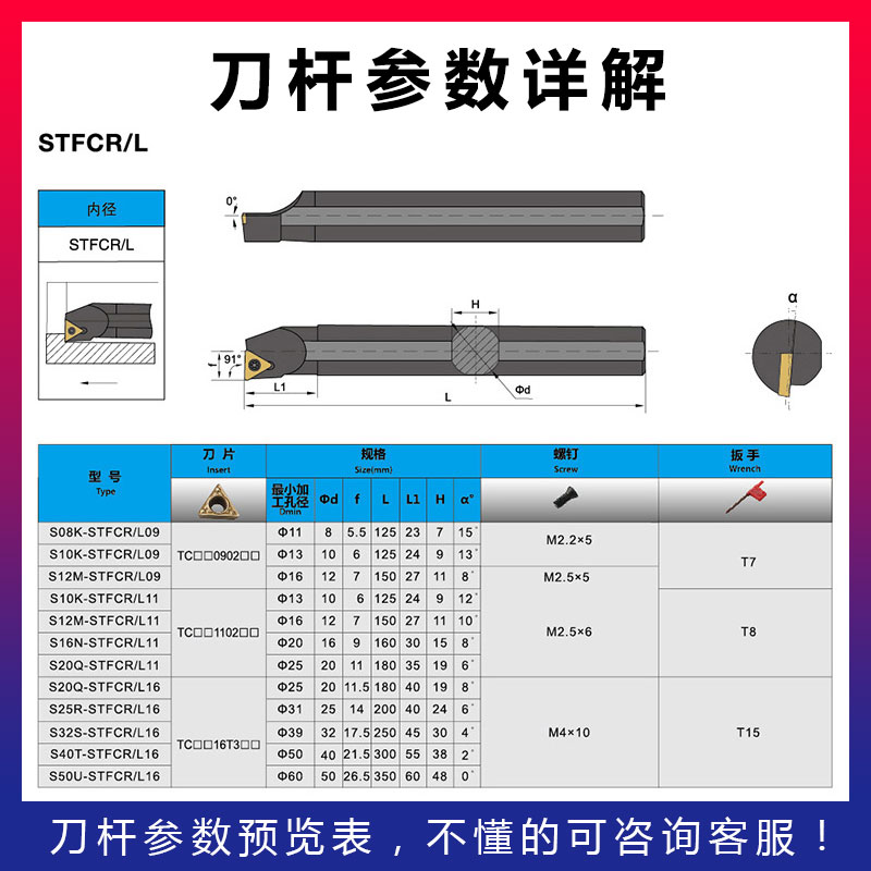 数控刀杆 90度内孔镗刀S08K10K20R16Q12M-STFCR11/09车床刀杆刀具 - 图2