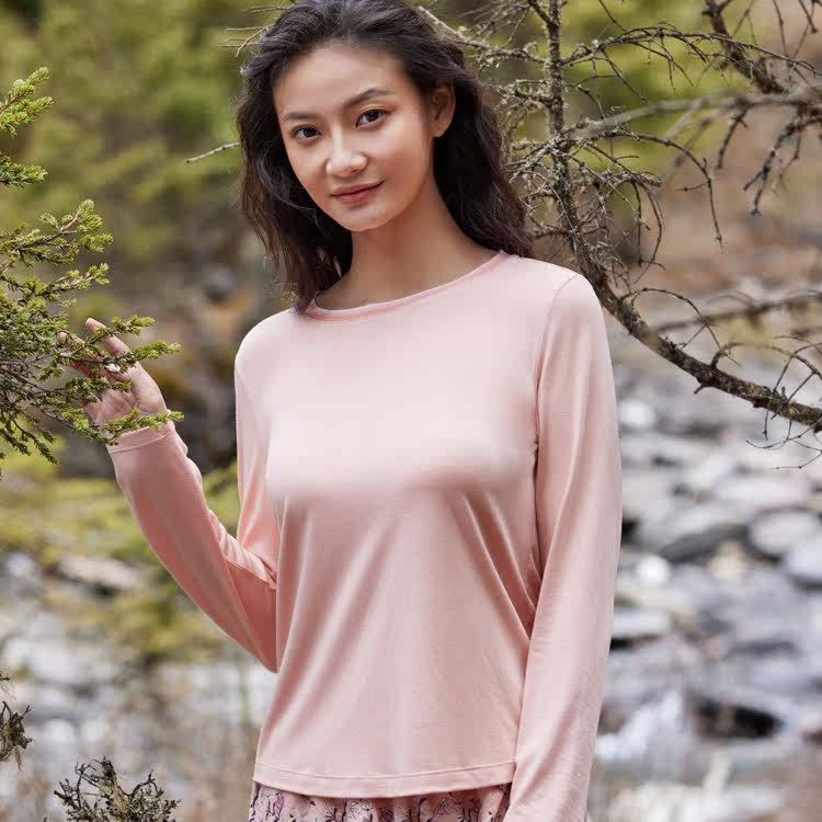 梧桐本色正品轻影系列女士德绒简约透气舒适圆领长袖上衣wj21203