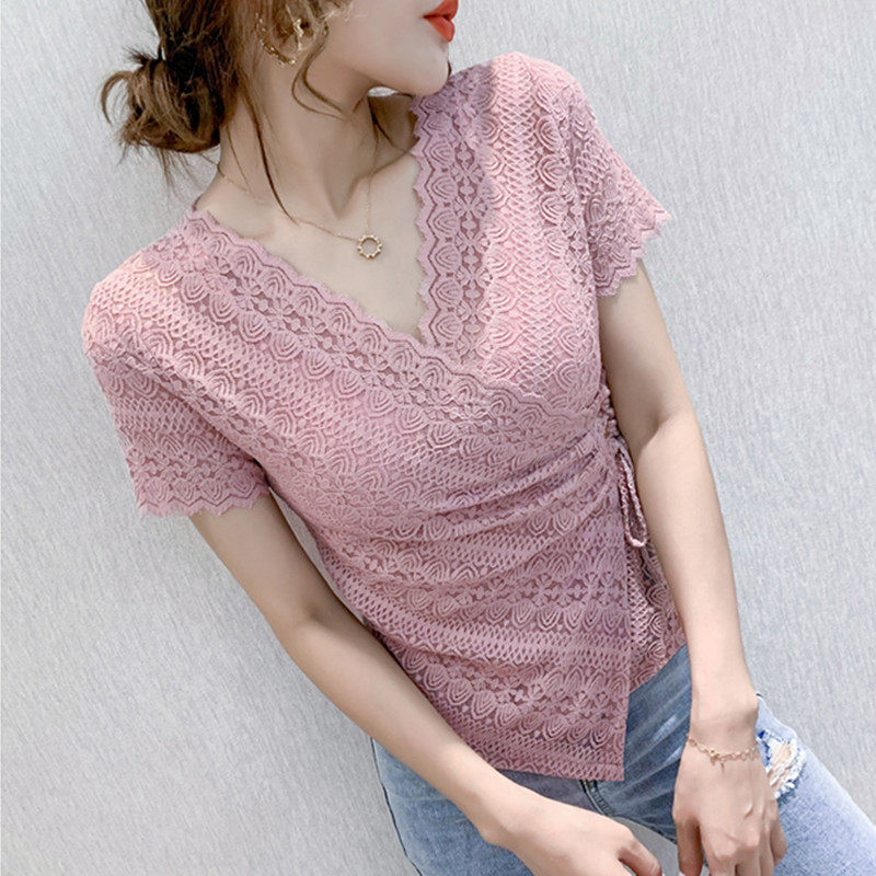 蕾丝女短袖2020年夏季新款修身t恤 盾妆蕾丝衫/雪纺衫