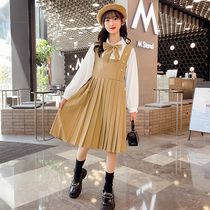 Girl Long Sleeve Dress Dress Spring Autumn Season 2023 New CUHK Childrens College Wind Jk Suit Dress Foreign Air Medium Long Dress