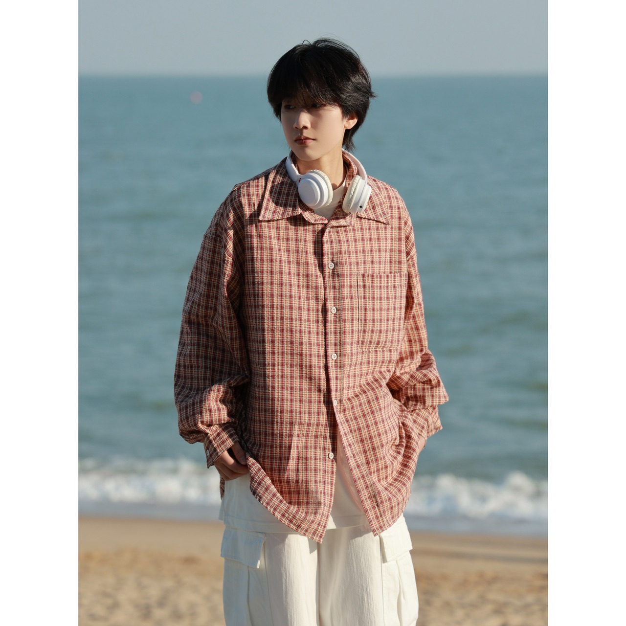 19otiwtt日系街头格子撞色长袖衬衫男女复古宽松bf风情侣休闲外套 - 图1