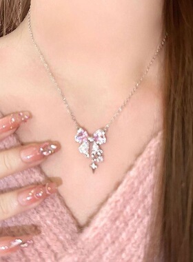 爆款网红粉色蝴蝶结项链ins学生甜酷少女锁骨链百搭轻奢高级感夏