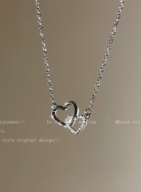 心心相扣项链女小众气质简约纯银心形甜美锁骨链送女友生日