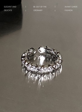 两件套月光石戒指女镶水钻开口戒小众设计素圈食指戒法式自律