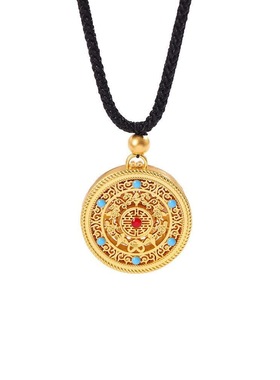 新中式五福圆满镂空吊坠古法罗盘项链挂件复古毛衣链首饰