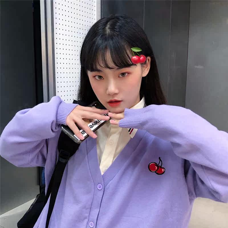 樱桃刺绣开衫2020秋冬新款韩版毛衣 陌丫毛针织衫