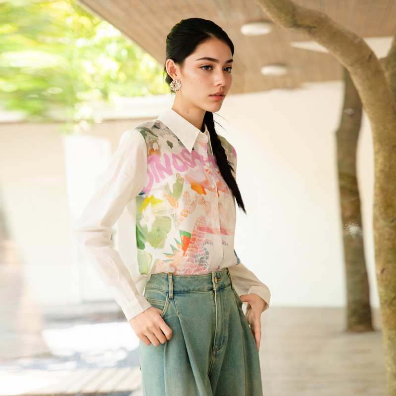 谜底花色衬衫长袖女士2025秋季新款复古风拼接修身衬衣257MC7788,淘宝优惠券,粉丝福利购,淘宝优惠卷