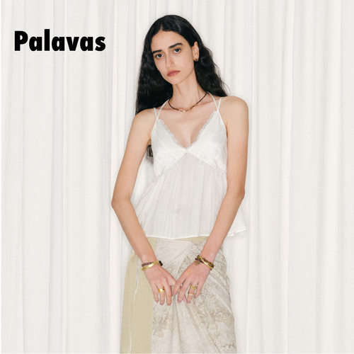 Palavas26春夏新款圣山雪盐吊带度假风白色蕾丝V领背心女宽松露背 - 图1