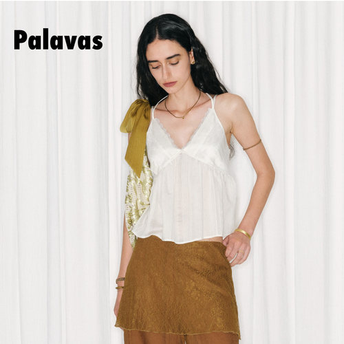 Palavas26春夏新款圣山雪盐吊带度假风白色蕾丝V领背心女宽松露背 - 图2